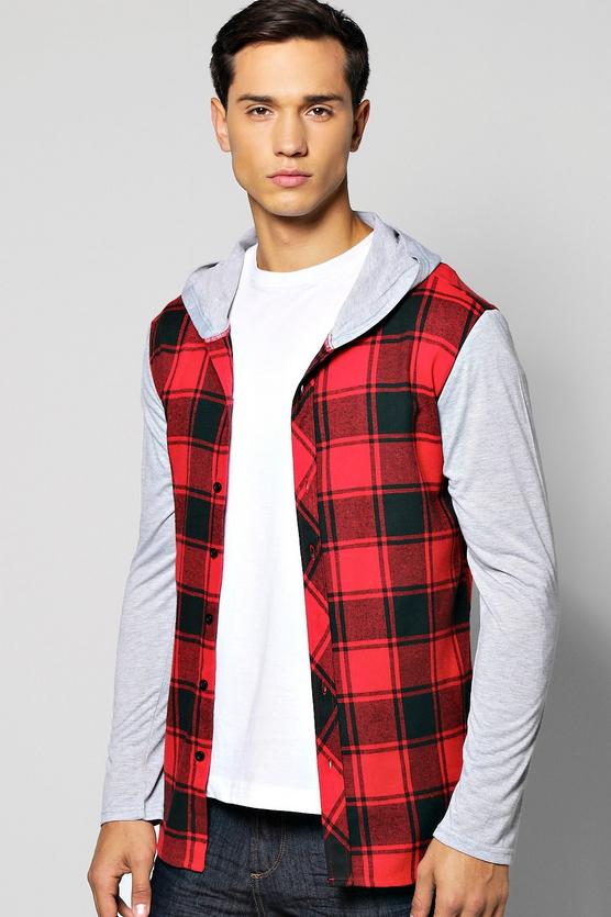 Checked Shirt With Jersey Sleeves & Jersey Hood